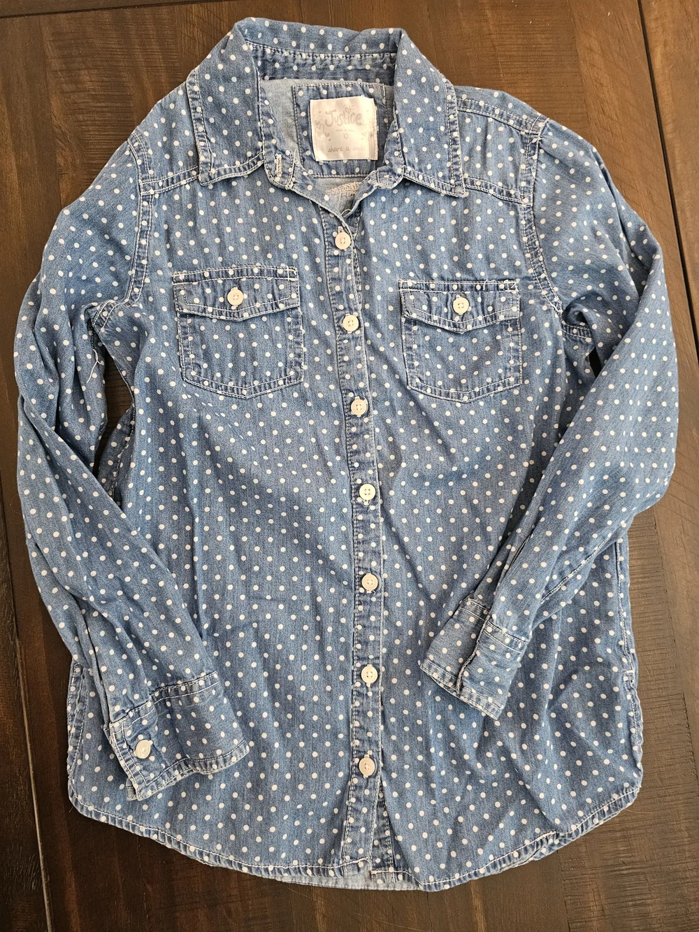 Justice Light Blue Polka Dot Denim Button-Down Shirt